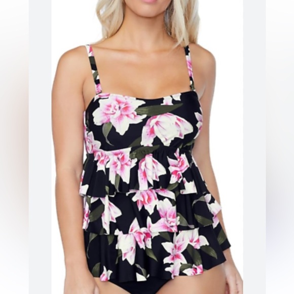 ISLAND ESCAPE Triple Tier Bandeau Tankini Top sz 6 Black Pink Swimwear NWT - Picture 1 of 10
